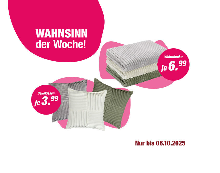 Drei quadratische Dekokissen in Weiß, Hellgrau und Dunkelgrün mit Streifenmuster, Preis 3,99 Euro. Drei gefaltete Wohndecken in Hellgrau, Weiß und Dunkelgrün, Preis 6,99 Euro. Text &apos;WAHNSINN der Woche!&apos; und &apos;Nur bis 06.10.2025&apos;.