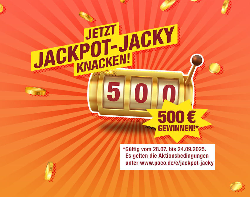 Slotmaschine zeigt Gewinnzahl 500, Text &apos;Jetzt Jackpot-Jacky knacken!&apos; und Hinweis auf 500 Euro Gewinnchance 