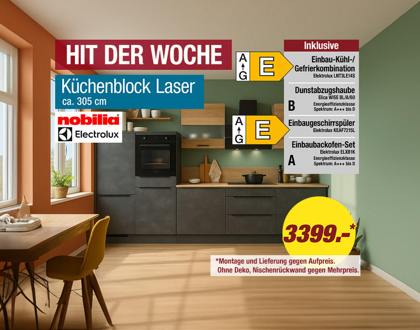 Wohnküche mit einem Küchenblock in dunklem Grau, orangefarbener und grüner Wand. Text: &apos;HIT DER WOCHE&apos;, &apos;Küchenblock Laser&apos;, Preis: &apos;3399,-&apos;.