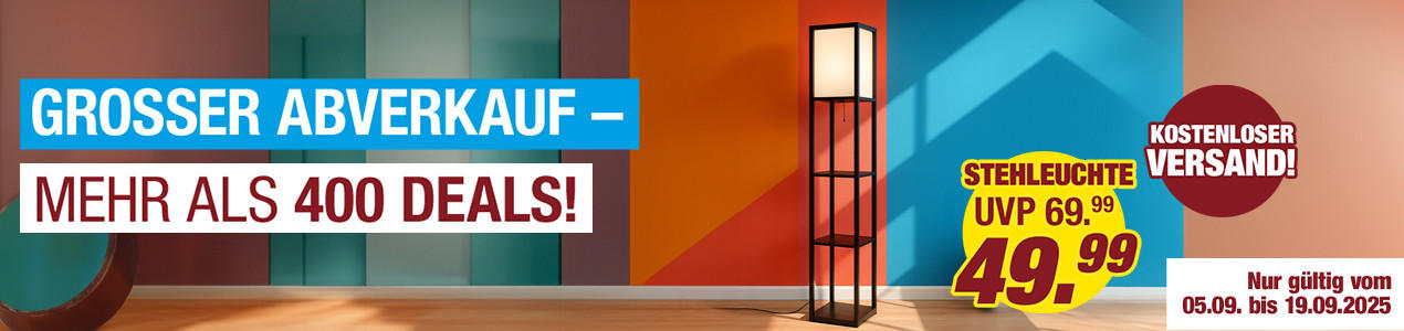 Banner mit dem Text 'GROSSER ABVERKAUF – MEHR ALS 400 DEALS! KOSTENLOSER VERSAND!' und einem Preis von 49,99 für eine Stehleuchte, UVP 69,99. Hintergrund in verschiedenen Farben.