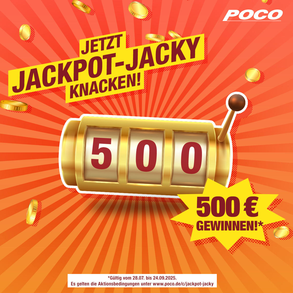 Slotmaschine zeigt Gewinnzahl 500, Text &apos;Jetzt Jackpot-Jacky knacken!&apos; und Hinweis 500 Euro Gewinnchance 