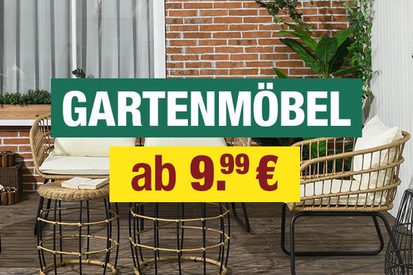 Gartenmöbel aus Rattan mit Polstern auf Holzterrasse vor Backsteinwand, Preis ab 9,99 Euro