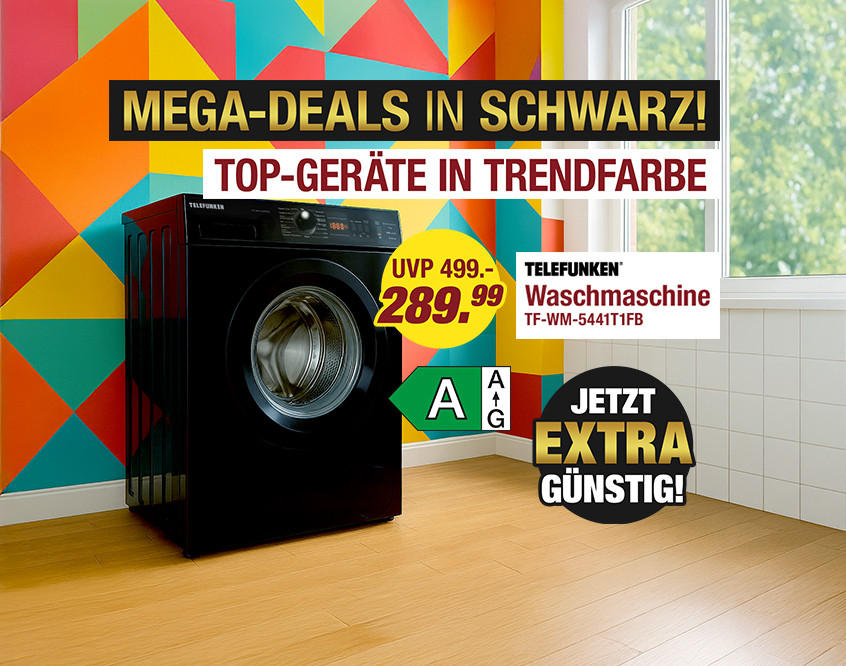 Schwarze Waschmaschine von TULIPAN, Energieeffizienzklasse A, steht vor einer bunten Wand mit geometrischen Mustern. Text: &apos;MEGA-DEALS IN SCHWARZ! TOP-GERÄTE IN TRENDFARBE&apos; und Preis &apos;UVP 499 - 289,99&apos;.