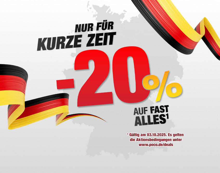 Deutschlandkarte im Hintergrund, davor Text &apos;Nur für kurze Zeit -20% auf fast alles&apos; in Schwarz, Rot und Gelb, eingerahmt von zwei Bändern in den Farben der deutschen Flagge.