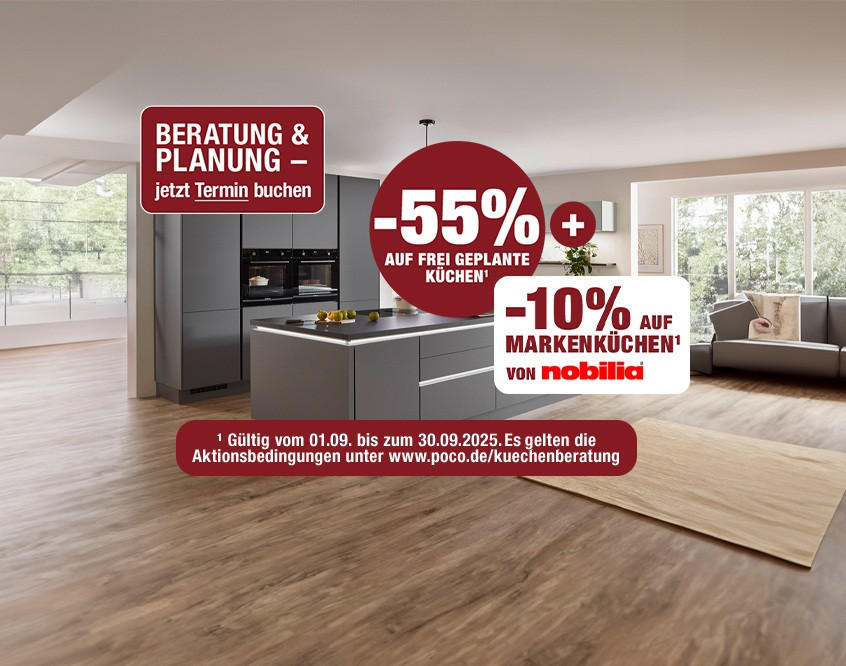 Moderne Küche mit grauen Schränken und Kochinsel. Text:BERATUNG PLANUNG – jetzt Termin buchen, 55% AUF FREI GEPLANTE KÜCHEN+10% AUF MARKENKÜCHEN von nobilia.