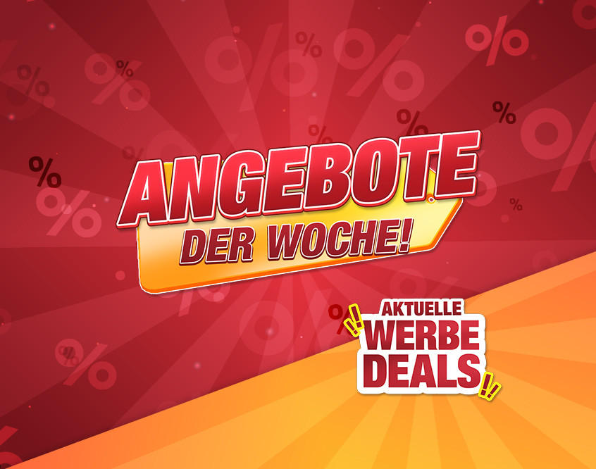 Grafik mit den Texten 'AKTUELLE WERBE DEALS' auf orangefarbenem Hintergrund und 'ANGEBOTE DER WOCHE' auf rotem Hintergrund mit Prozentzeichen als Muster