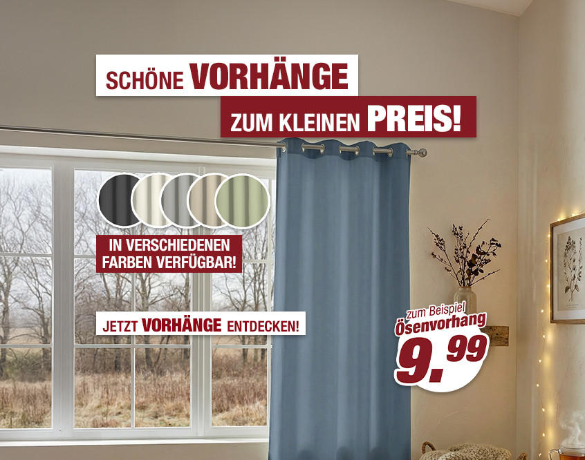 Vorhang mit Ösen hängt vor Fenster mit Blick ins Freie, daneben Text mit Preisangabe und Farbmuster in verschiedenen Tönen