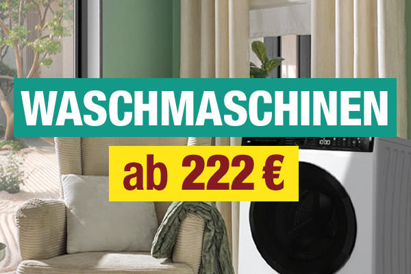 Waschmaschine neben einem Sessel mit Kissen und Decke, Text 'WASCHMASCHINEN ab 222 €'