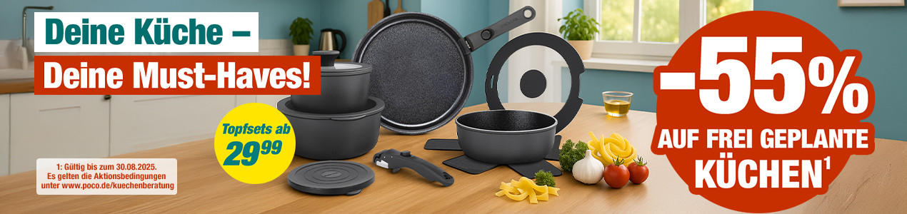 Moderne Küche mit weißen Schränken und blauen Wänden, beworben mit Topfsets ab 29,99 Euro und 55% Rabatt auf frei geplante Küchen
