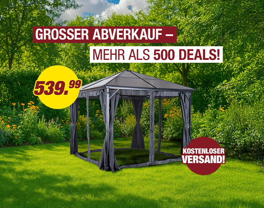 Gartenpavillon mit grauem Stoffdach und Vorhängen auf grünem Rasen umgeben von Bäumen, Text &apos;Großer Abverkauf – mehr als 500 Deals! 539,99 €, kostenloser Versand&apos;