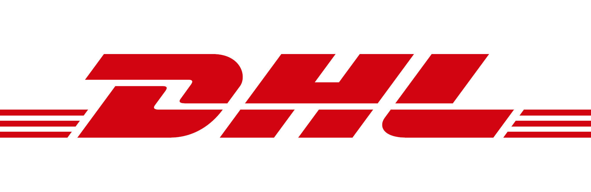 Logo von DHL mit roten Buchstaben und drei horizontalen Linien links