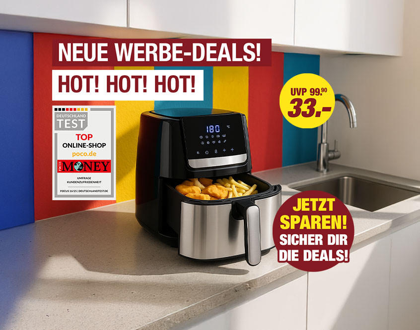 Schwarze Heißluftfritteuse mit Pommes auf Küchenarbeitsplatte vor bunter Wand, Werbedeals und Preis 33 Euro 