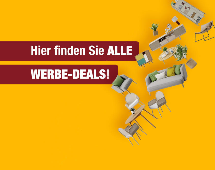 Text 'Hier finden Sie ALLE WERBE-DEALS!' auf gelbem Hintergrund mit Möbeln wie Sofa, Stühlen und Tischen