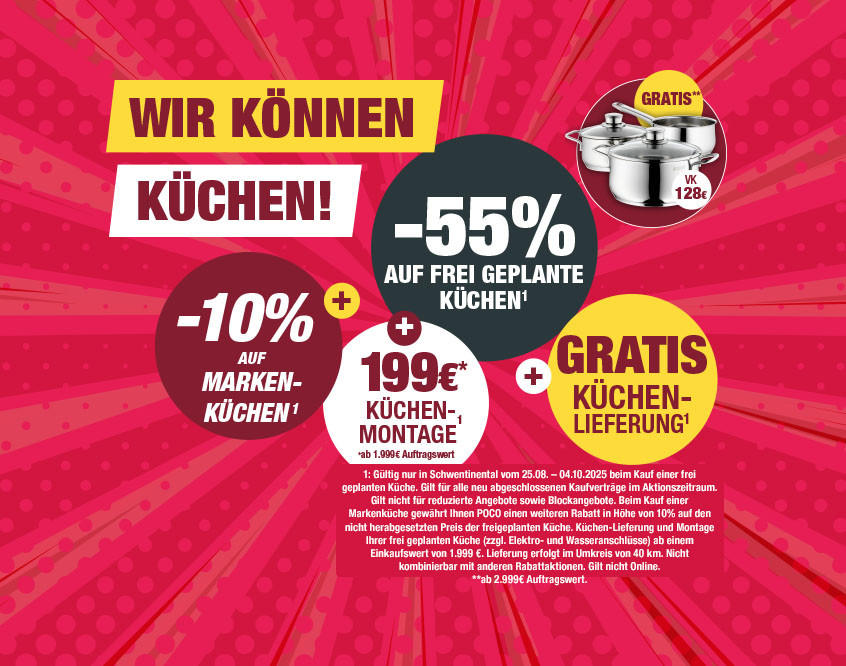 "Wir können Küchen!" -55 % auf frei geplante Küchen. -10 % auf Markenküchen. Küchenmontage 199 €. Gratis Küchenlieferung.