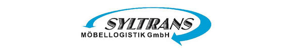 Logo der Firma Syltrans Möbellogistik GmbH mit dem Schriftzug 'SYLTRANS' und einem Pfeil, der den Text umschließt