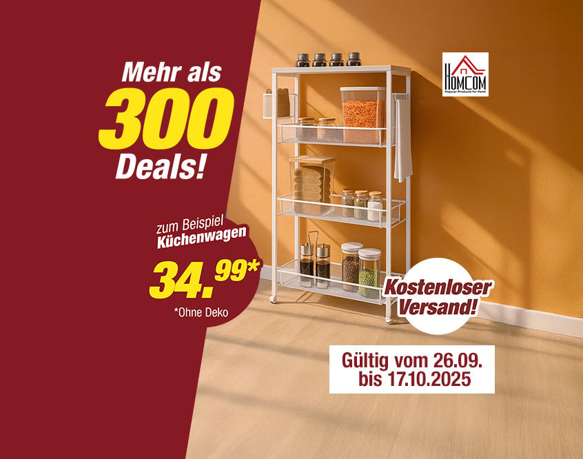 Küchenwagen mit drei weißen Metallregalen vor orangefarbener Wand, Sonnenlicht fällt durch Fenster, 