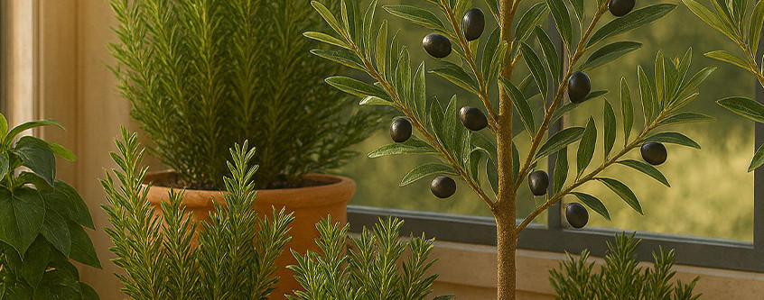 Mediterrane Pflanzen im Gartenfenster: Olivenbaum mit reifen Oliven und Rosmarin im Tontopf.