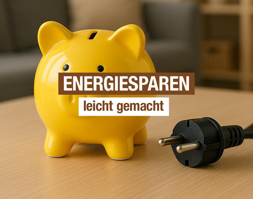 "ENERGIESPAREN leicht gemacht". Gelbes Sparschwein neben schwarzem Stromstecker auf Holztisch.