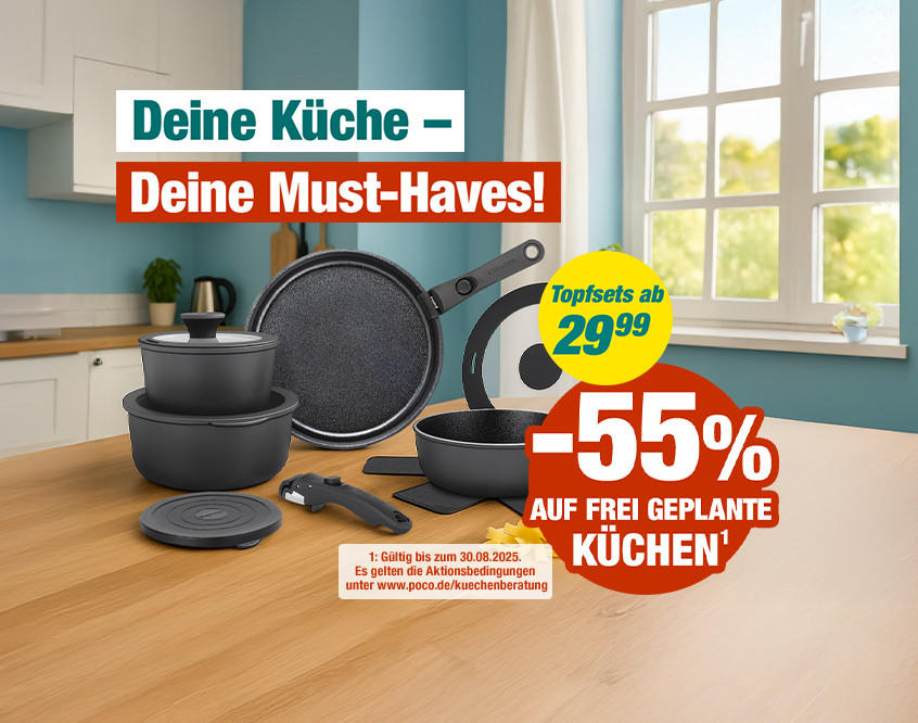 Moderne Küche mit weißen Schränken und blauen Wänden, beworben mit Topfsets ab 29,99 Euro und 55% Rabatt auf frei geplante Küchen