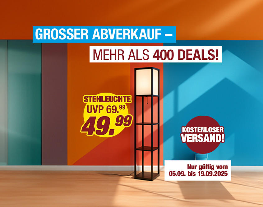 Banner mit dem Text &apos;GROSSER ABVERKAUF – MEHR ALS 400 DEALS! KOSTENLOSER VERSAND!&apos; und einem Preis von 49,99 für eine Stehleuchte, UVP 69,99. Hintergrund in verschiedenen Farben.
