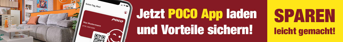 Smartphone zeigt POCO App mit QR-Code, Text 'Jetzt POCO App laden und Vorteile sichern! SPAREN leicht gemacht!'