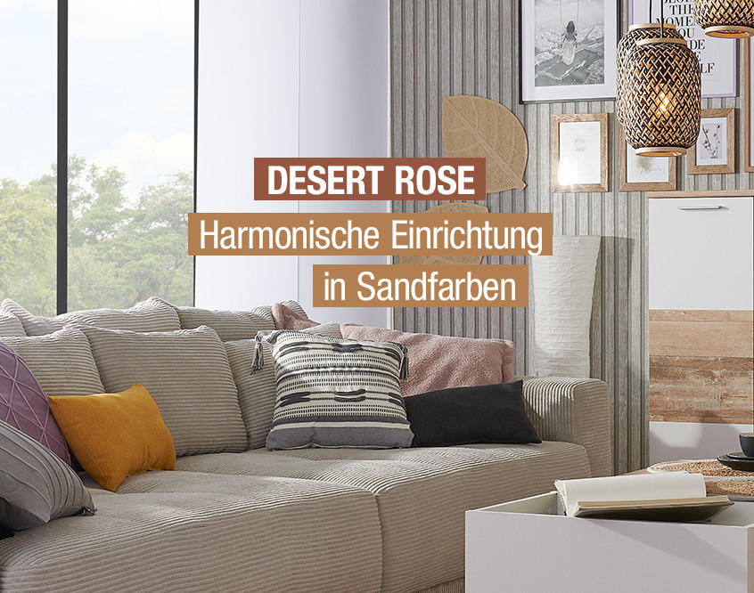 Modernes Wohnzimmer in Sandtönen, das harmonisch die Wüstentöne der Wüstenrose integriert.