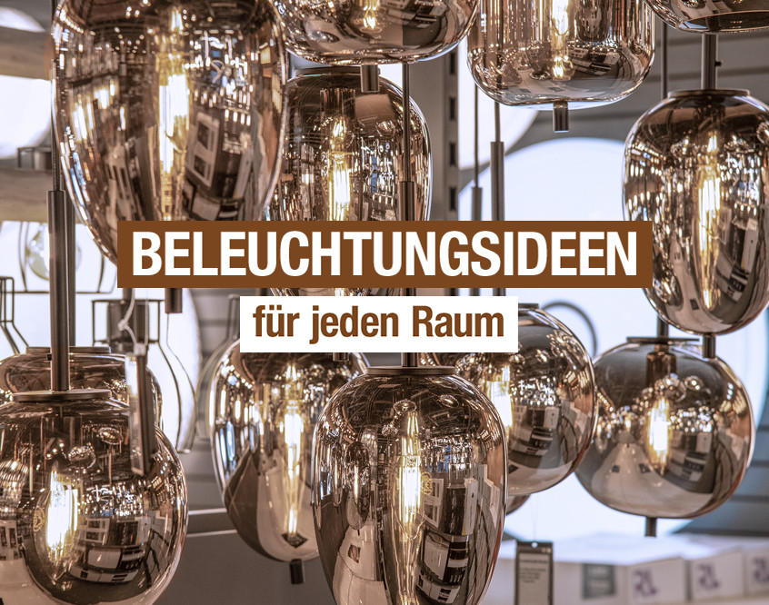"BELEUCHTUNGSIDEEN für jeden Raum". Moderne Pendelleuchten mit glänzenden Metall-Schirmen.
