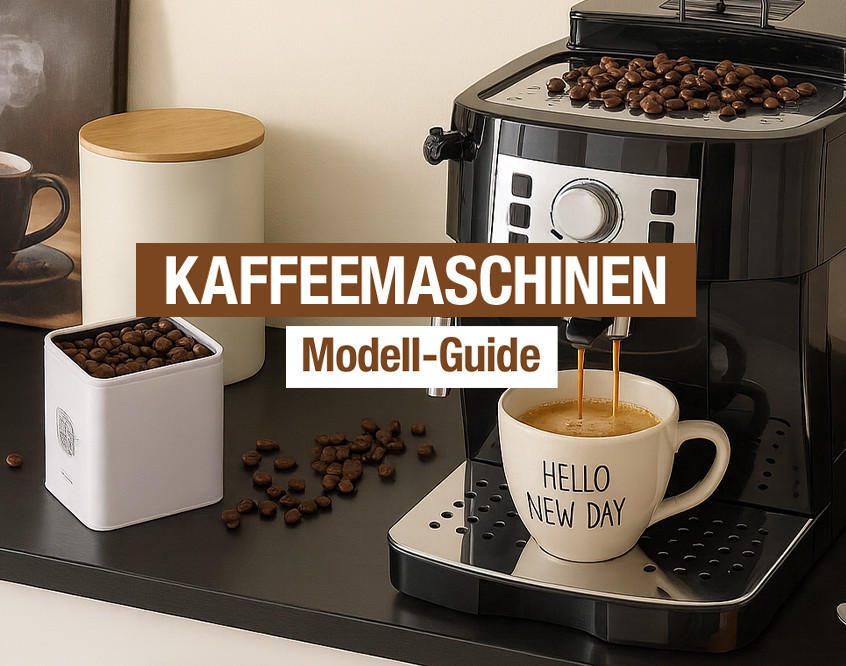 "KAFFEEMASCHINEN Modell-Guide". Schwarze Kaffeemaschine mit Tasse „Hello New Day“.