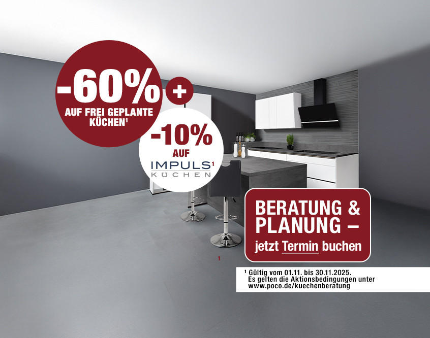 Moderne Küche mit grauen Wänden, Kücheninsel mit zwei schwarzen Barhockern, weiße und schwarze Küchenschränke, Textblasen mit Rabattangeboten und Hinweis auf Beratung und Planung.