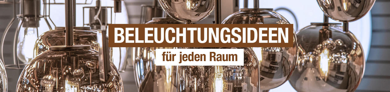 "BELEUCHTUNGSIDEEN für jeden Raum". Moderne Pendelleuchten mit glänzenden Metall-Schirmen.