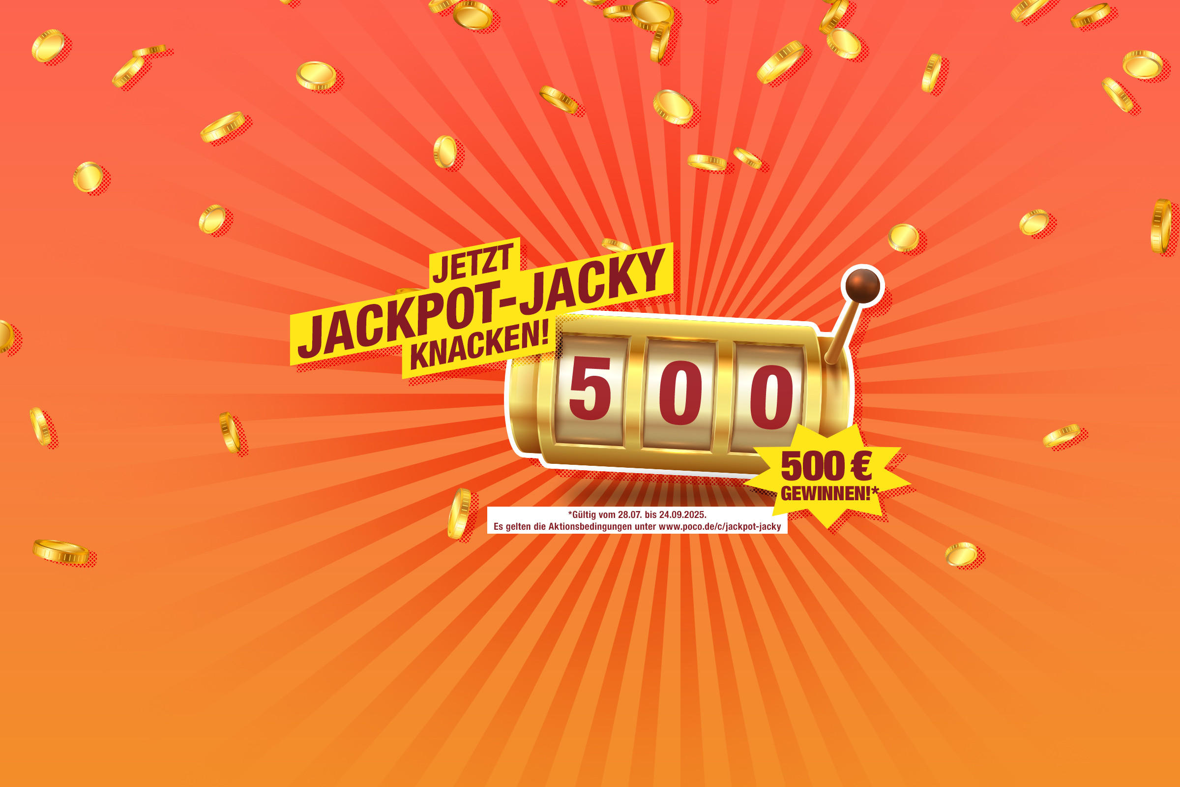 Slotmaschine zeigt Gewinnzahl 500, Text 'Jetzt Jackpot-Jacky knacken!' und Hinweis auf 500 Euro Gewinnchance