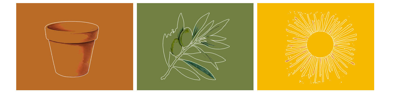 Mediterrane Symbole: Blumentopf, Olivenzweig und Sonne als Illustration auf farbigem Hintergrund.