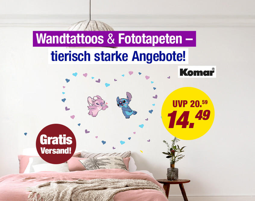 Wandtattoos & Fototapeten – tierisch starke Angebote!" Gratis Versand. UVP 20,59 €, jetzt 14,49 €.