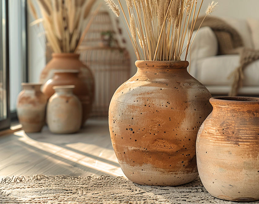 Terrakotta-Vasen mit Trockenblumen sorgen für mediterrane Atmosphäre im Wohnzimmer.