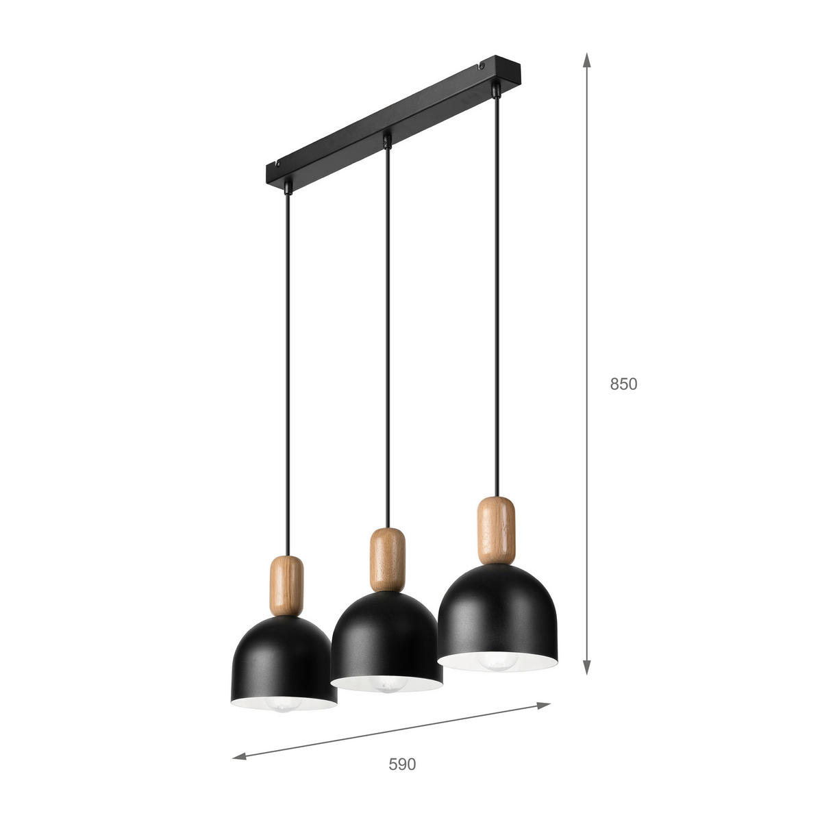 Lamkur Hängeleuchte schwarz Eiche Stahl Holz B/H/L: ca. 15,5x85x59 cm E27 3 Brennstellen Alma - Eiche/schwarz (59,00/15,50/85,00cm) - Lamkur