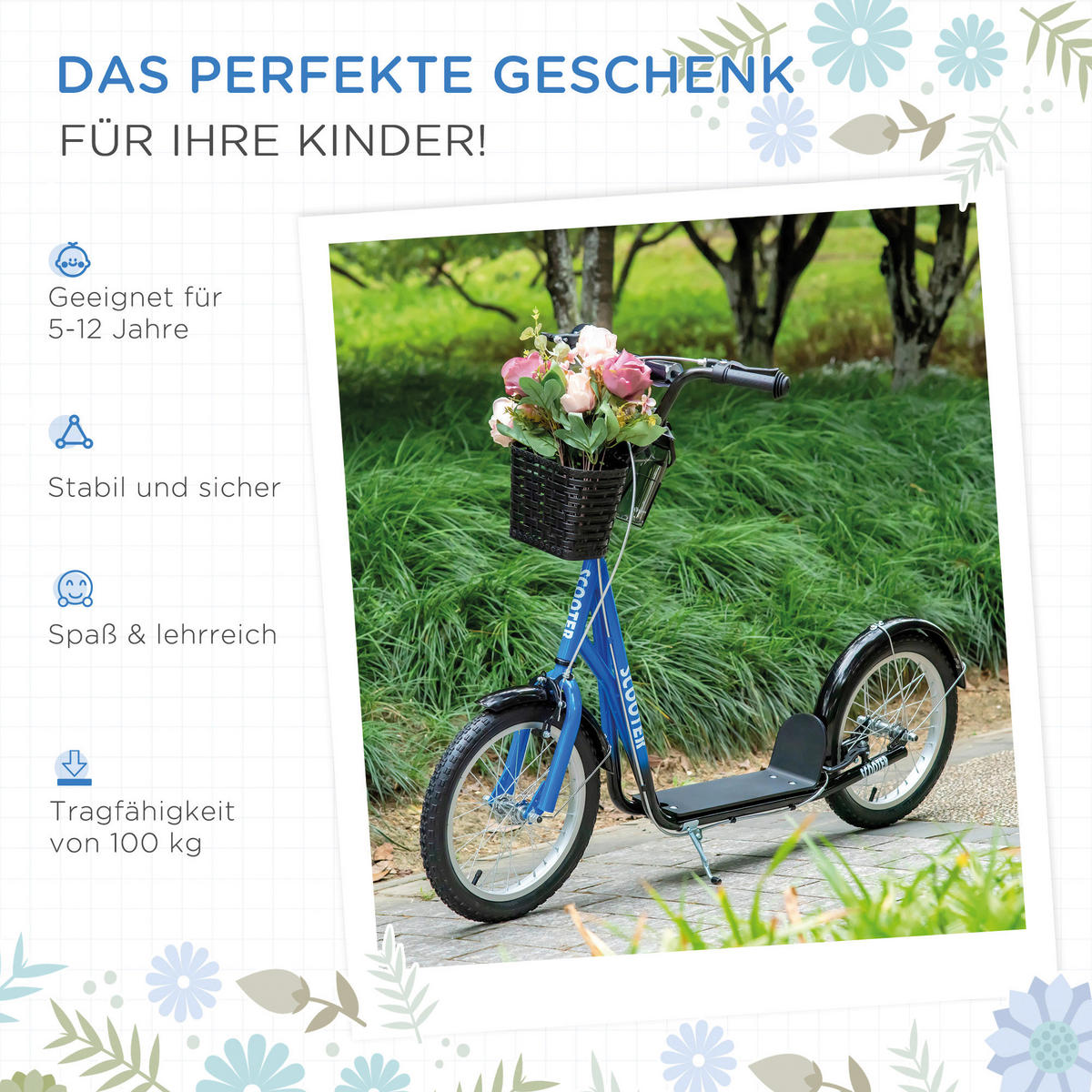 HOMCOM Kinderroller blau Kinderroller - blau/weiß (139,00/58,00/96,00cm) - HOMCOM