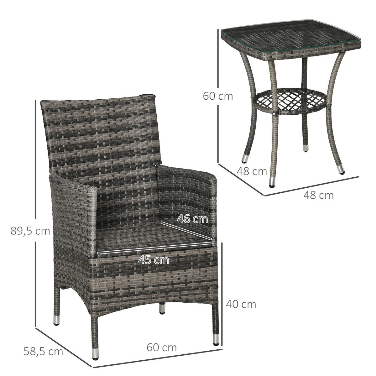 Outsunny Sitzgruppe dunkelgrau Polyrattan B/H/L: ca. 58,5x60x89,5 cm Gartenmöbel-Set - dunkelgrau (89,50/58,50/60,00cm) - Outsunny