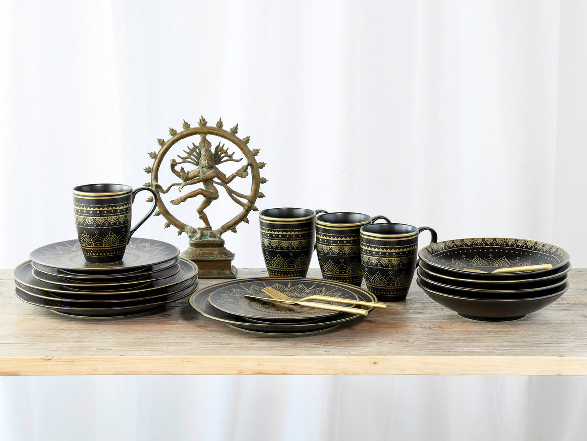 CreaTable Kombiservice MANDALA GOLD schwarz Steinzeug 16 tlg. MANDALA GOLD - gold/schwarz - CreaTable