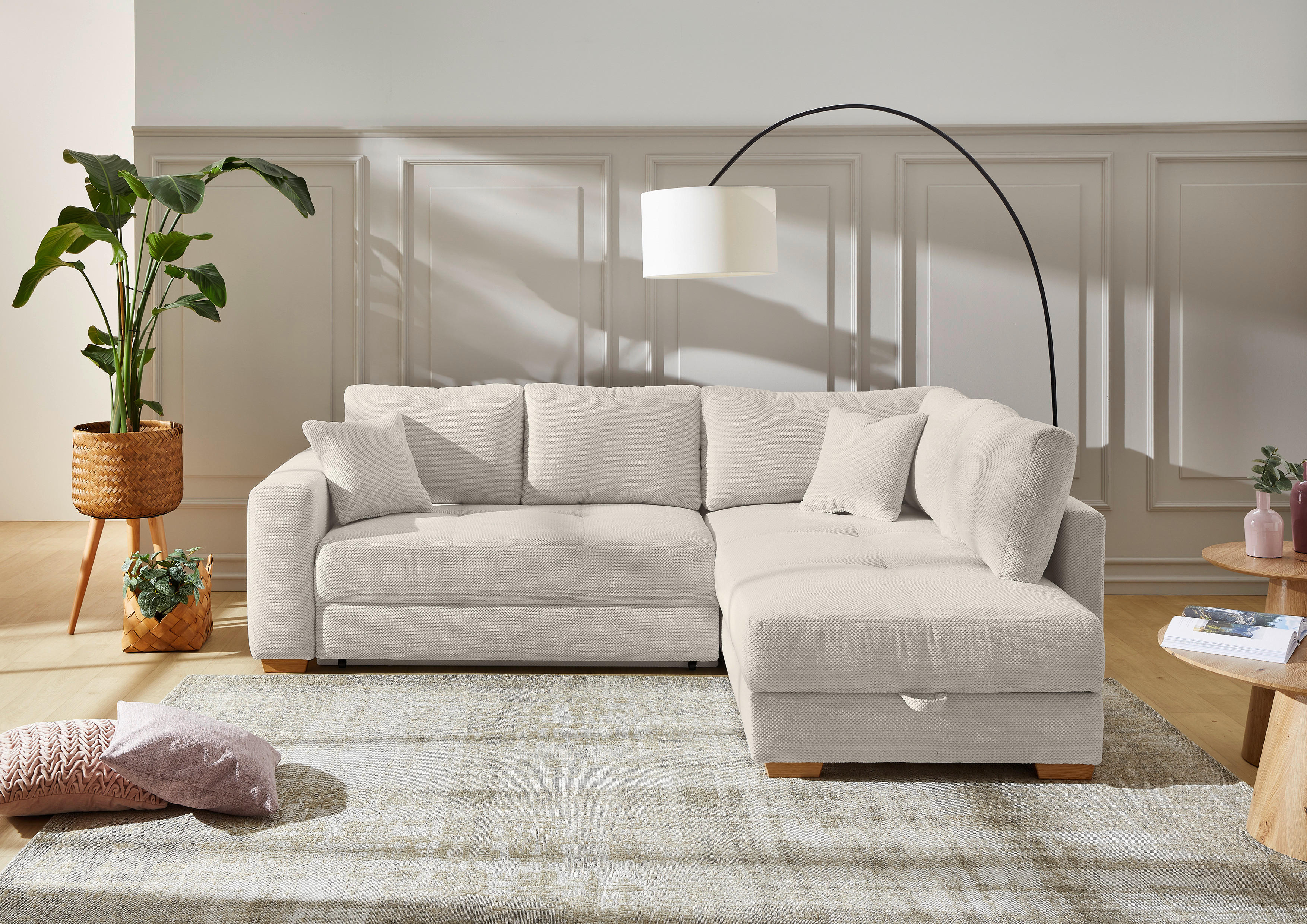 Thumbnail - Ecksofa mit Bettfunktion und Bettkasten hellbeige Kord B/H/T: ca. 257x85x206 cm