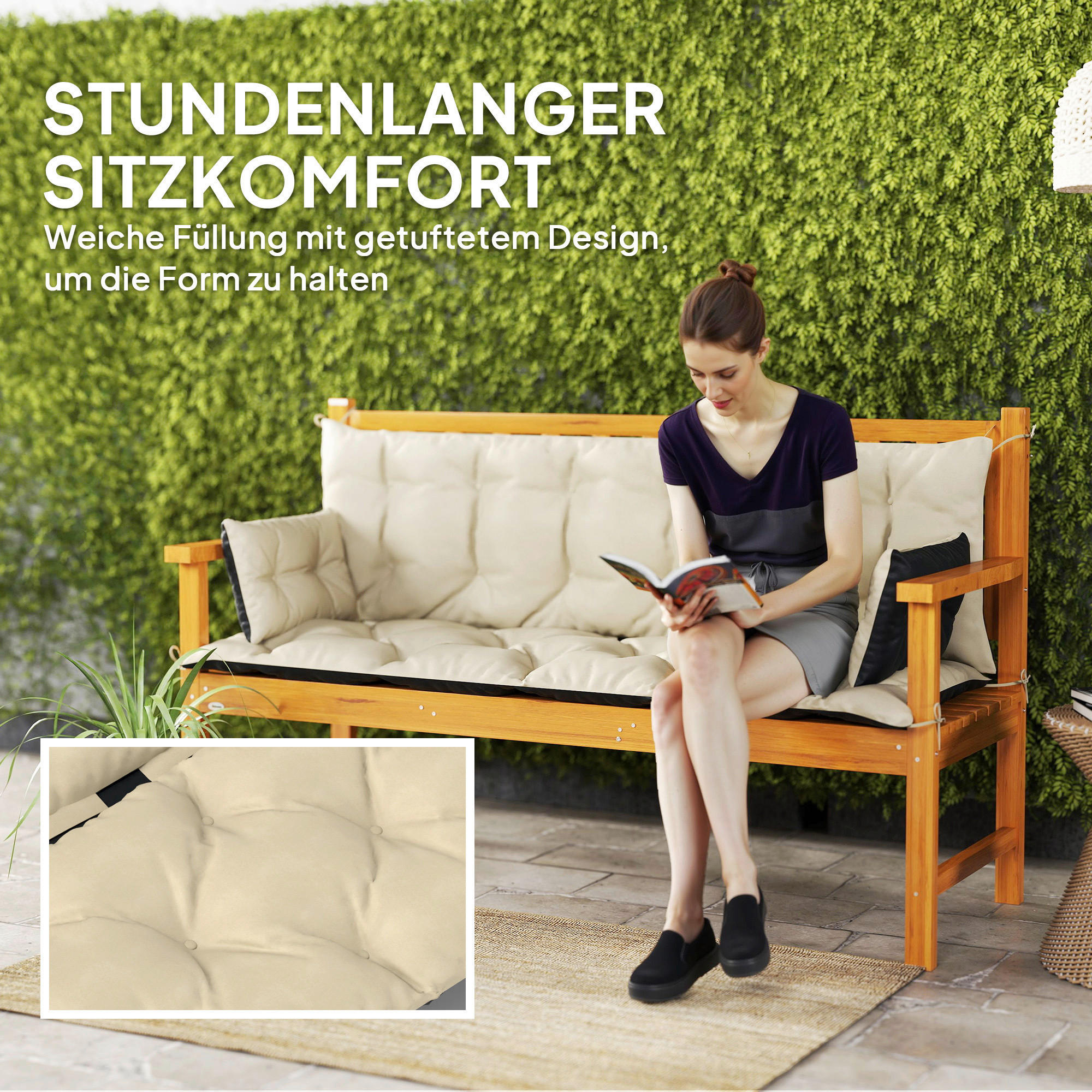 Outsunny Sitzkissen-Set beige Polyester B/H/L: ca. 110x8x180 cm Sitzkissen-Set - beige/schwarz (180,00/110,00/8,00cm) - Outsunny