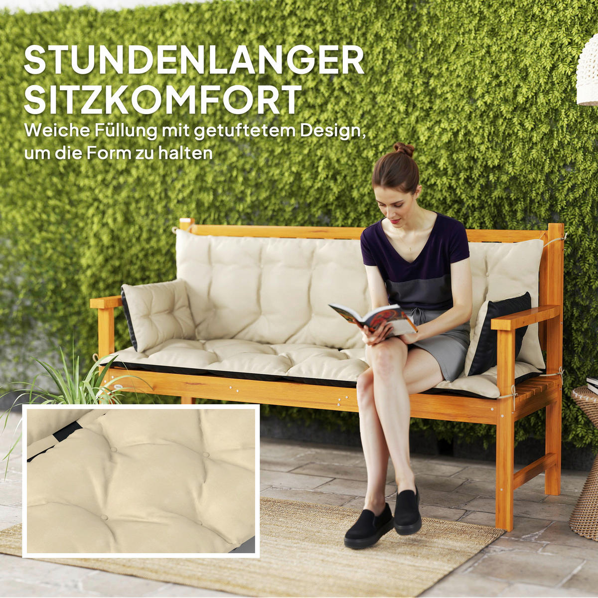 Outsunny Sitzkissen-Set beige Polyester B/H/L: ca. 110x8x180 cm Sitzkissen-Set - beige/schwarz (180,00/110,00/8,00cm) - Outsunny