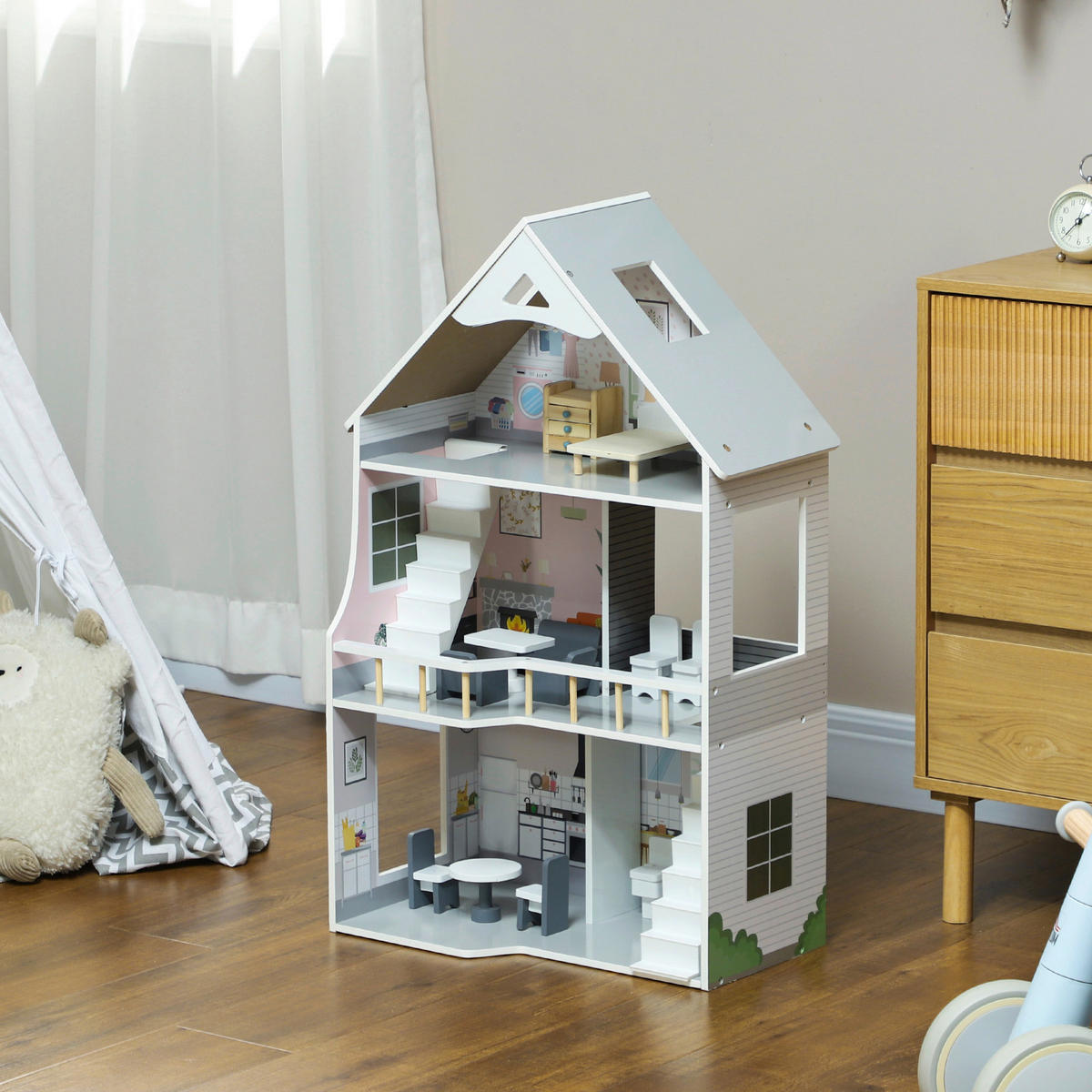 AIYAPLAY Puppenhaus grau Kiefer B/H/L: ca. 29,1x85,3x53,5 cm Puppenhaus - grau (53,50/29,10/85,30cm) - AIYAPLAY