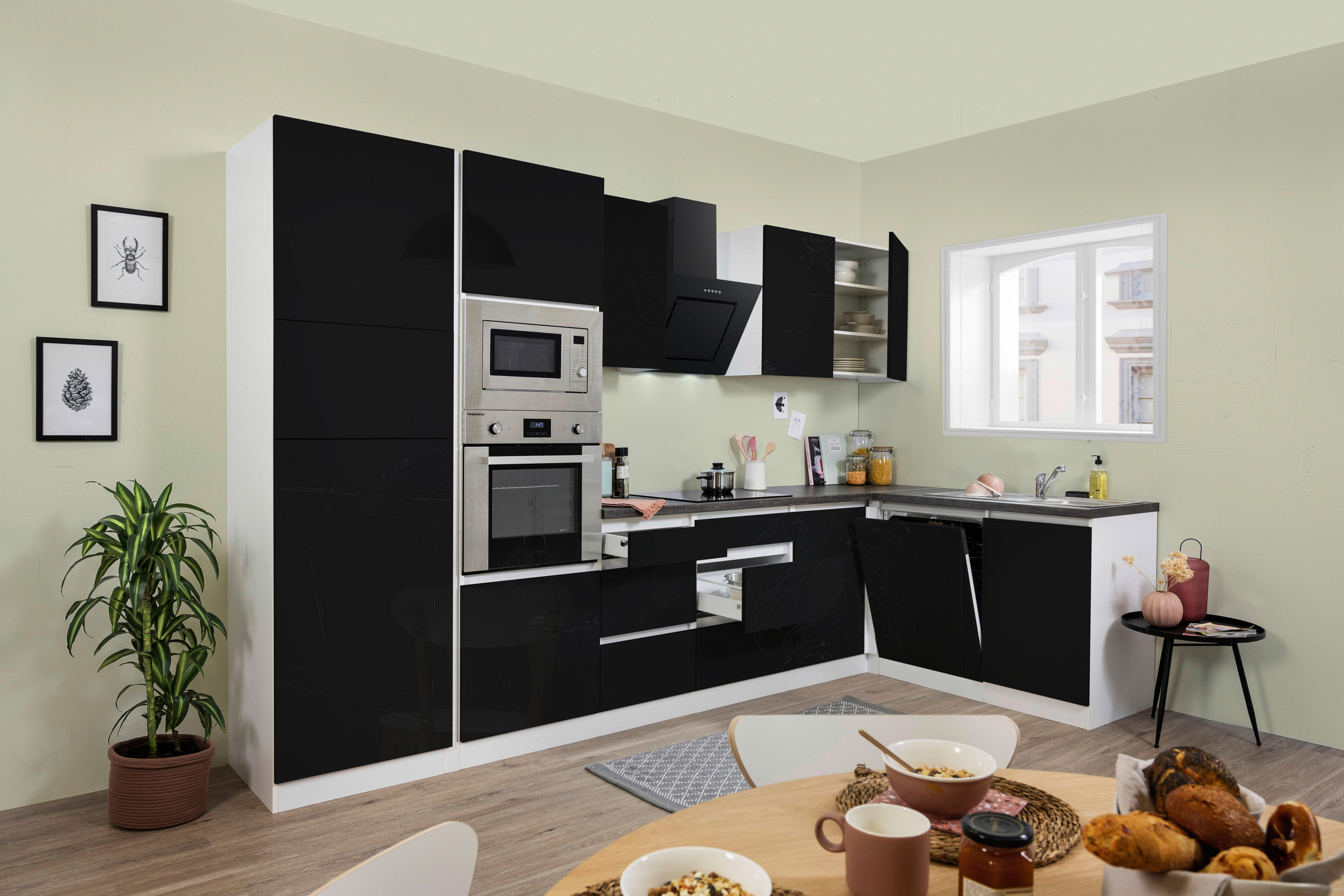 Respekta Küchenblock Premium schwarz hochglänzend B/H/T: ca. 345x220,5x172 cm Premium - weiß/granit (345,00/220,50/172,00cm)