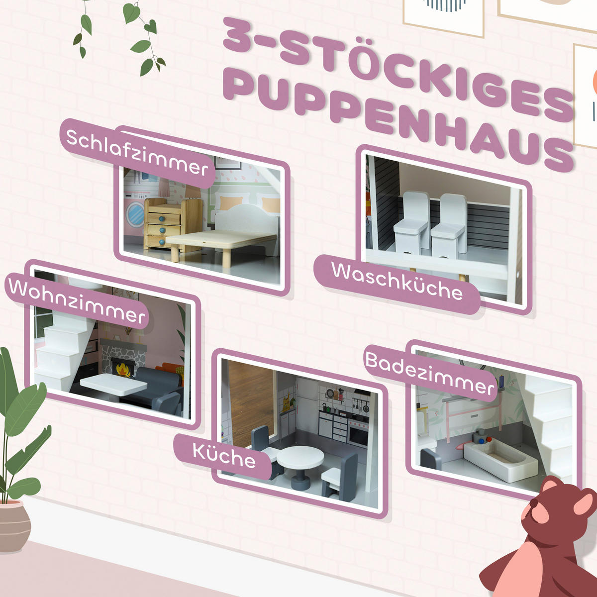 AIYAPLAY Puppenhaus grau Kiefer B/H/L: ca. 29,1x85,3x53,5 cm Puppenhaus - grau (53,50/29,10/85,30cm) - AIYAPLAY