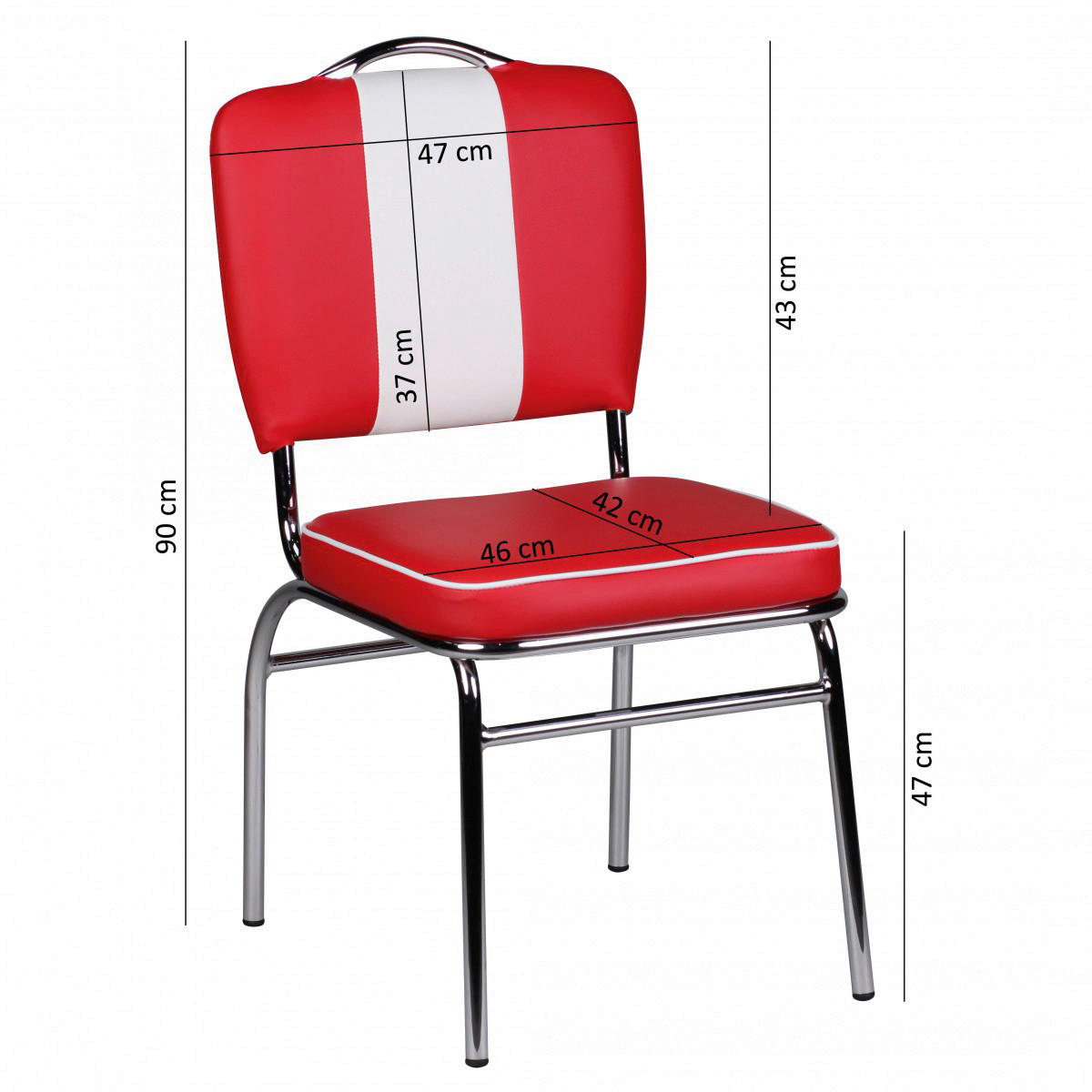 Stuhl rot weiß Chrom Kunstleder Kunstleder Metall B/H/T: ca. 47x90x45 cm American Diner Esszimmerstuhl - weiß/rot (47,00/90,00/45,00cm) - Wohnling