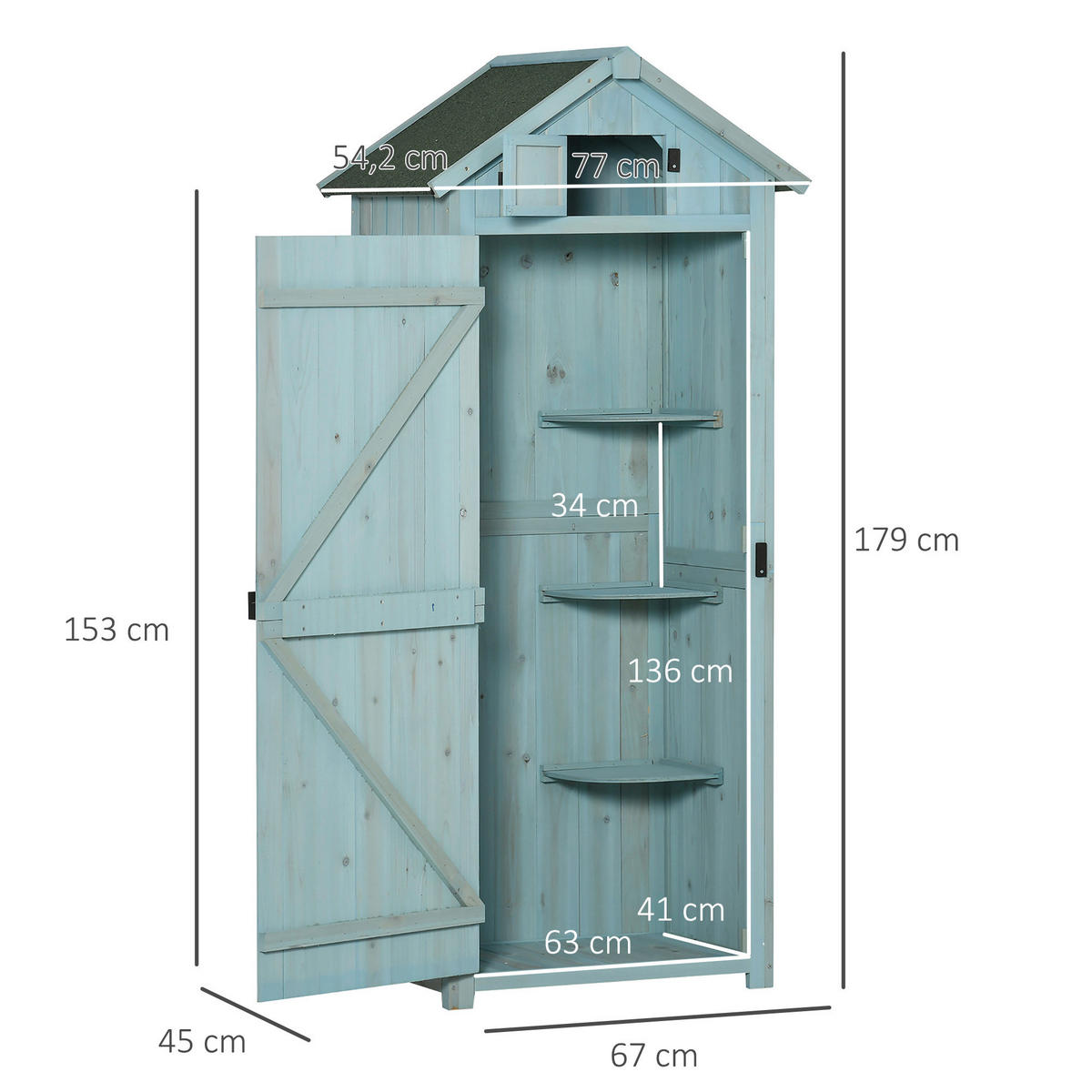 Outsunny Gartenhaus hellblau B/H/L: ca. 54x179x77 cm Gartenhaus mit Regalböden - hellblau/grün (77,00/54,00/179,00cm) - Outsunny