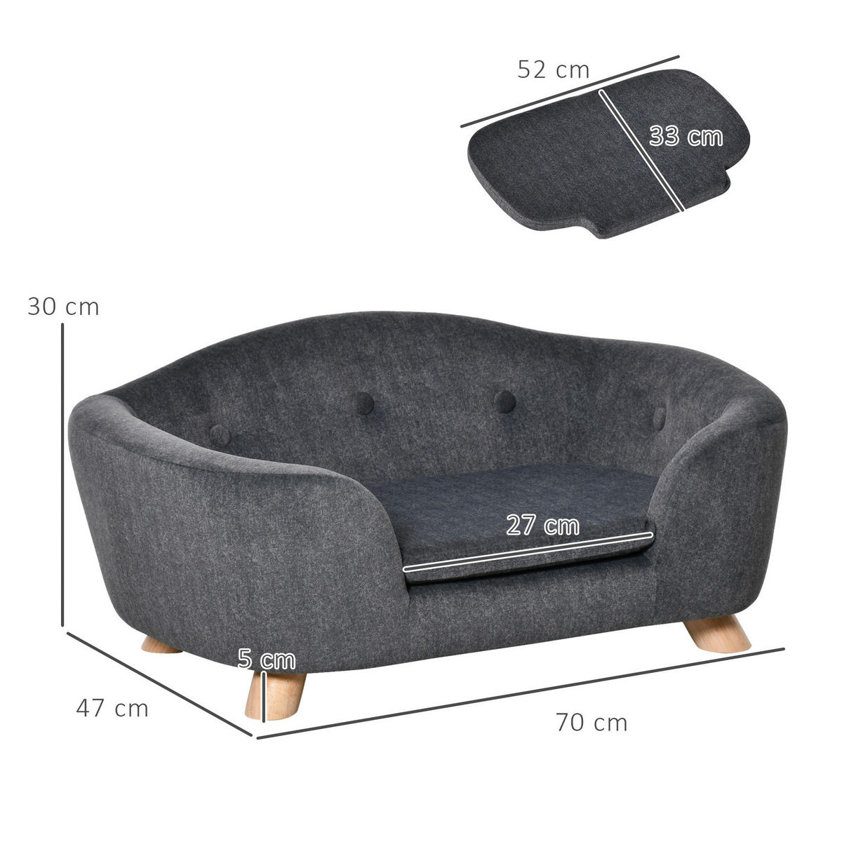 PawHut Hundebett grau Kiefer B/H/L: ca. 47x30x70 cm Hundebett - grau (70,00/47,00/30,00cm) - PawHut