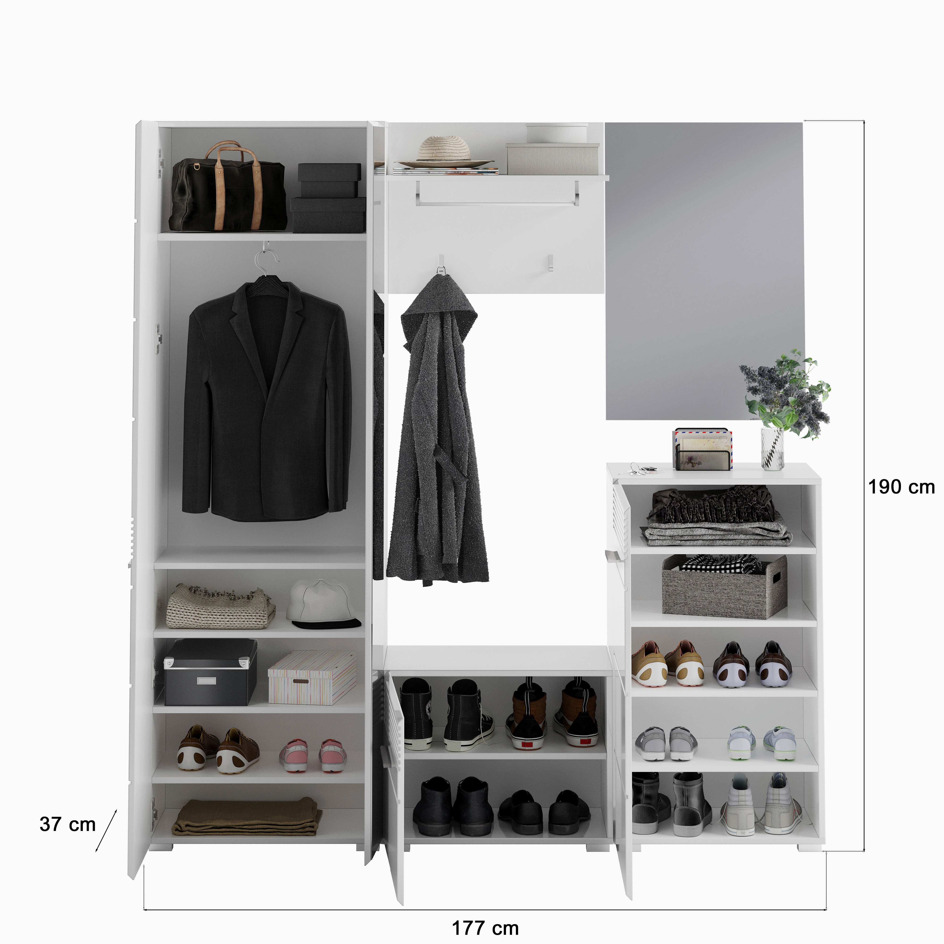 Garderobe LINUS weiß weiß Hochglanz B/H/T: ca. 170x190x37 cm LINUS - weiß (170,00/190,00/37,00cm) - xonox.home