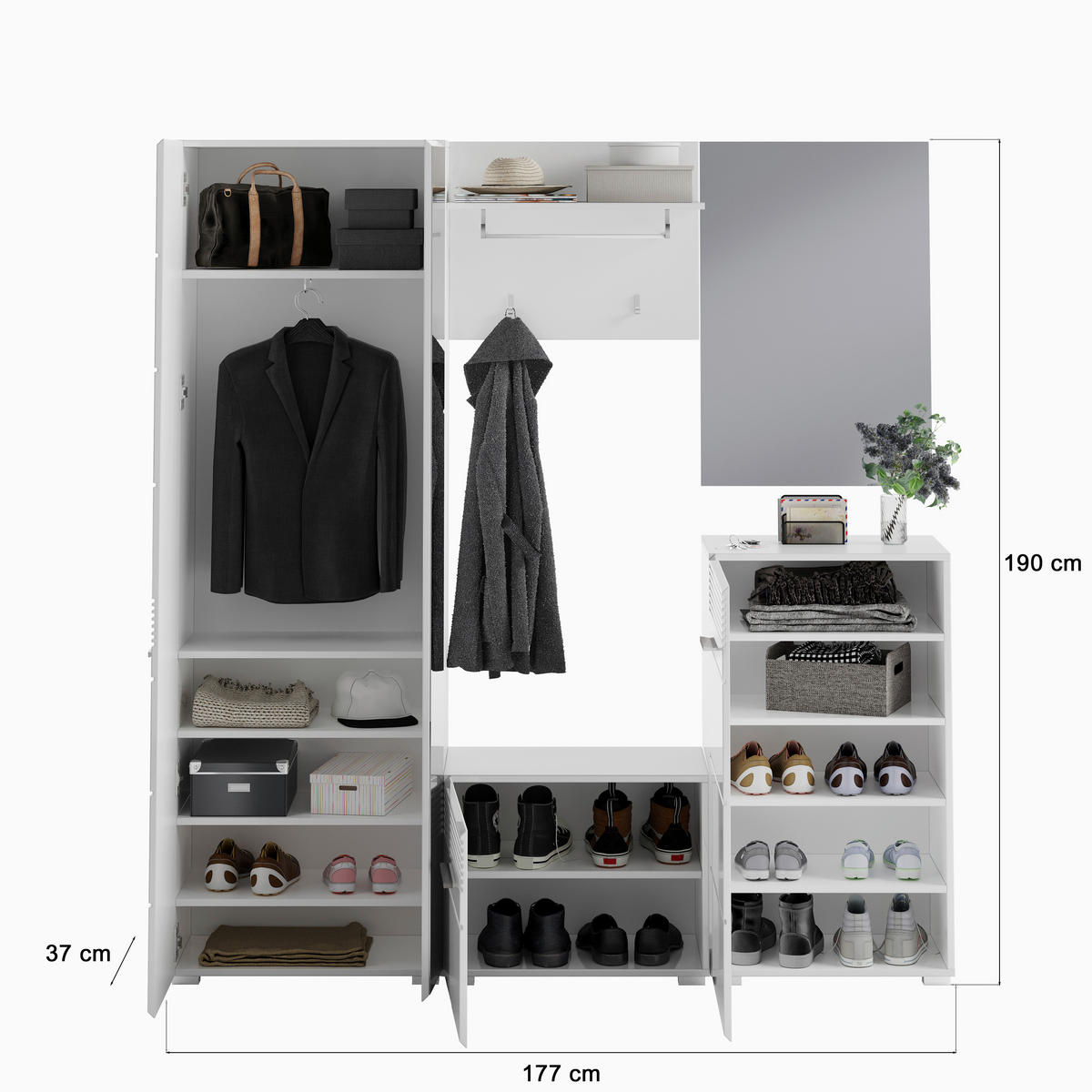 Garderobe LINUS weiß weiß Hochglanz B/H/T: ca. 170x190x37 cm LINUS - weiß (170,00/190,00/37,00cm) - xonox.home