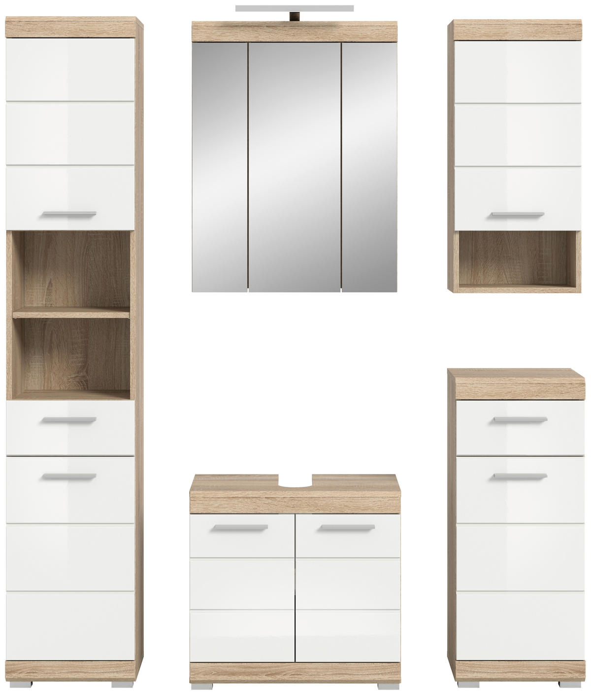 Badezimmer-Set Lambada Eiche Sonoma Nachbildung weiß Hochglanz B/H/T: ca. 164x191x34 cm Lambada - Eiche/weiß (164,00/191,00/34,00cm) - xonox.home
